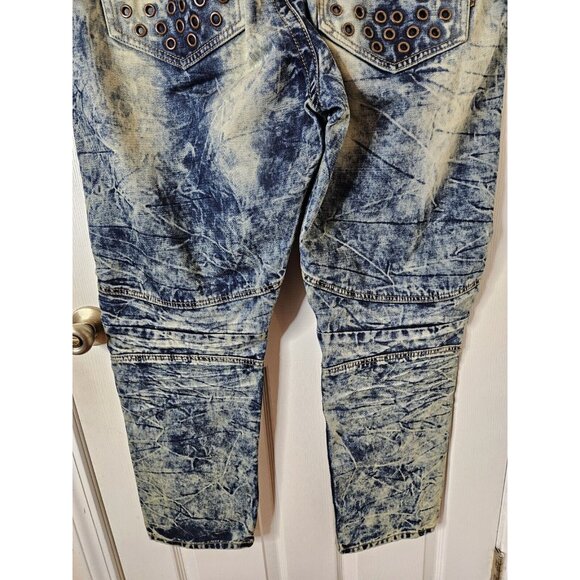 Makobi Jeans Moto Biker Blue Acid Wash Distressed Denim Mens 42x32 - Picture 10 of 12